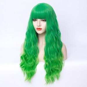 Green Wig Long Curly Wig with Bangs Lime Green Wigs